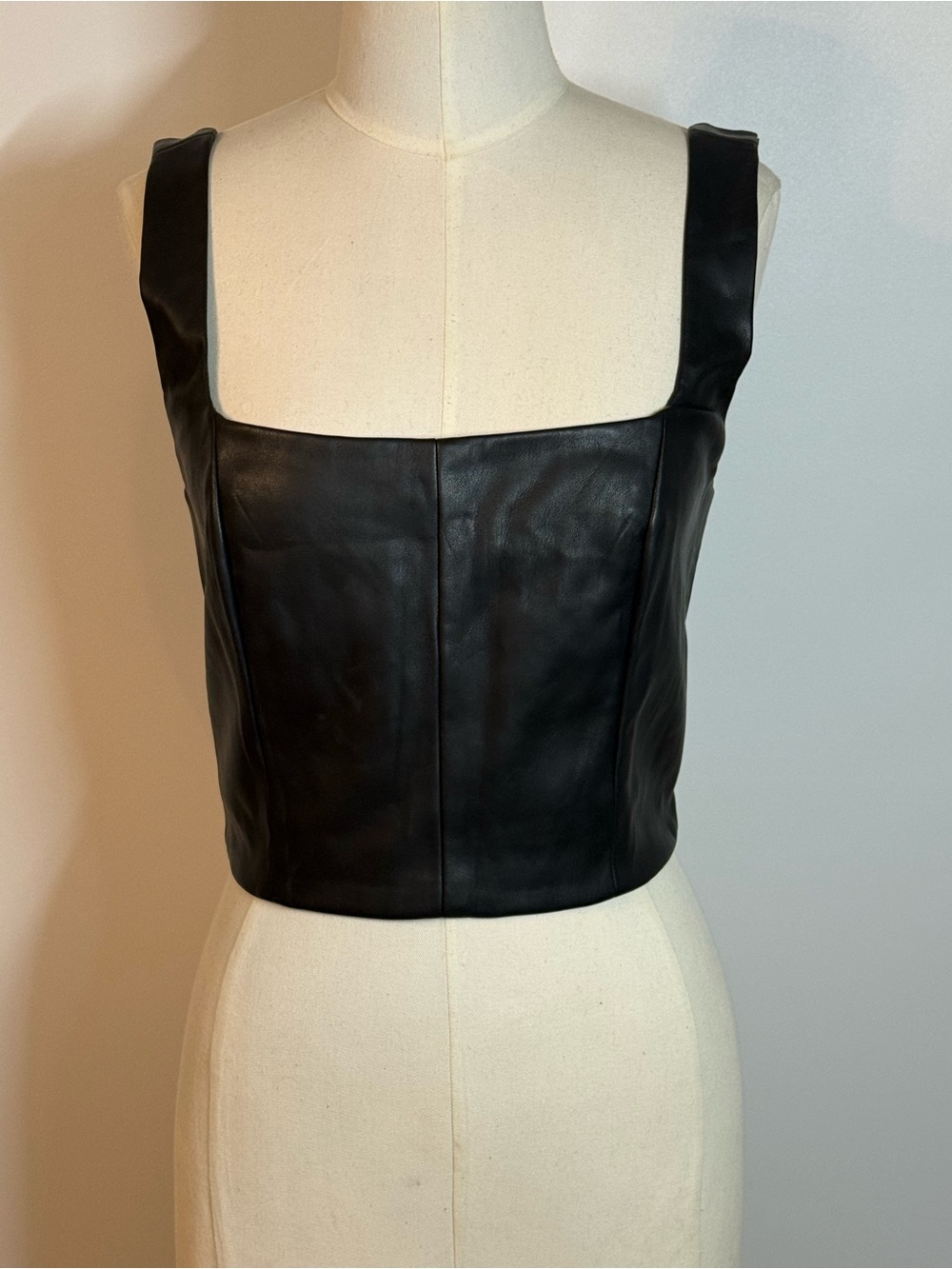 Serra Black Leather Square-Neck Crop Top
